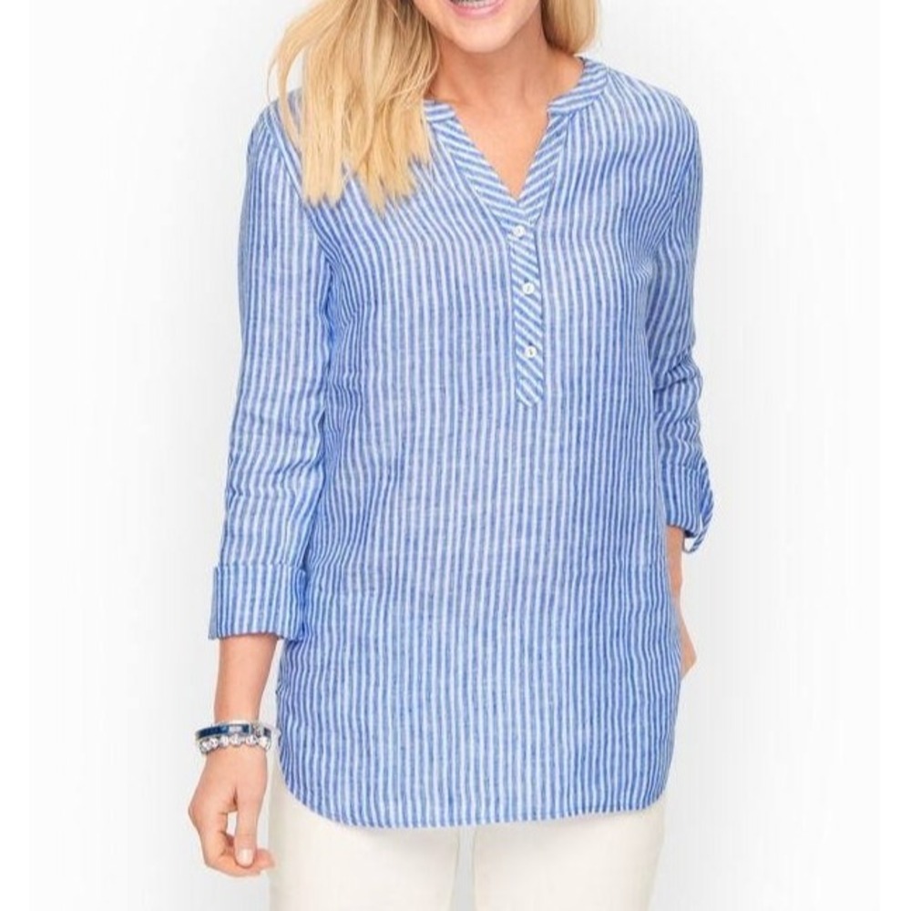 Talbots Blue White Striped 100% linen boho shirt women Top Medium A006854